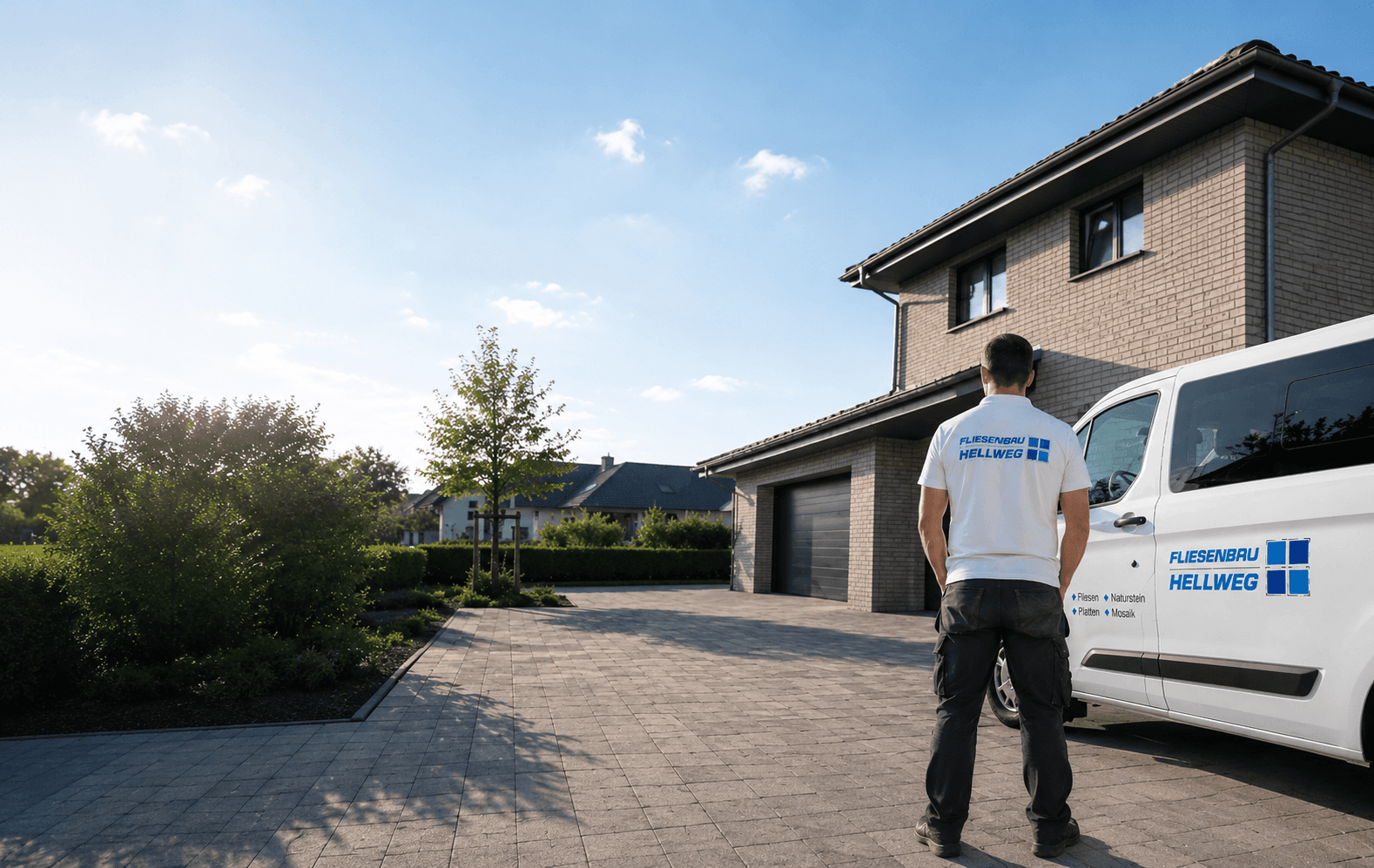 Mitarbeiter im Fliesenbau-Hellweg-Shirt mit Firmentransporter vor einem Einfamilienhaus
