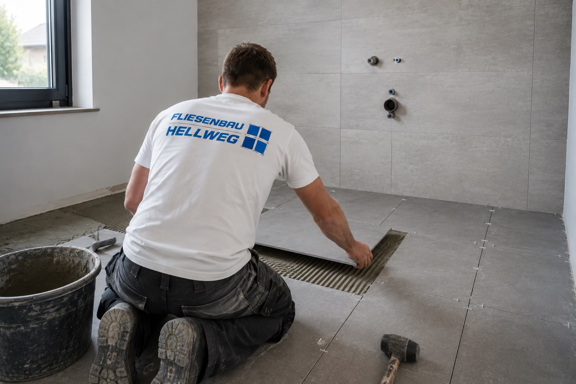 Mitarbeiter von Fliesenbau Hellweg im Firmenshirt bei der Arbeit